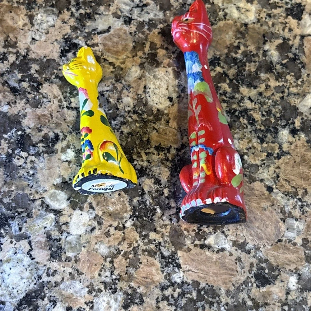 2 Vintage Long Necked Cat Figurines Hand Painted in Portugal Red Yellow Folk Art